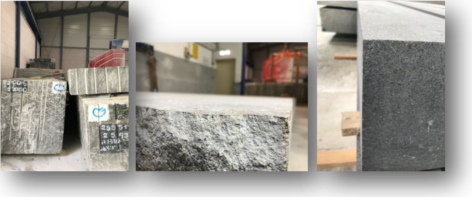 The progress of each granite block, from raw material to rough cuts ready to be hand lapped in Wiesthal.