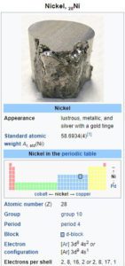 Nickel information sheet from wikipedia