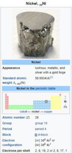 Nickel information sheet from wikipedia