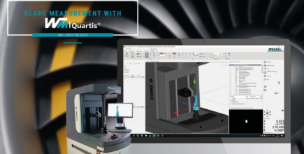 Collage with jet engine turbine blades in the background, with the CORE and WM|QUARTIS program screen