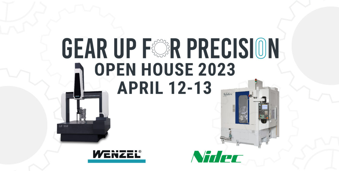 This image shows a promotional banner for an Open House event titled "GEAR UP FOR PRECISION" scheduled for April 12-13, 2023.
